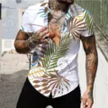 Men short sleeve Hawaiian shirt tropical palm leaf print casual summer button down top white - S / Tops / CSM-0027