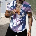 Men 3D Tropical Palm Tree Print Short Sleeve Hawaiian Shirt Casual Summer Beach Top Blue - S / Tops / CSM-0028