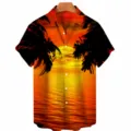 Men's short sleeve Hawaiian shirt with 3d sunset palm tree print casual summer button down top - S / Tops / CSM-0039