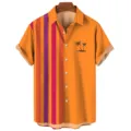 Men summer casual Hawaiian short sleeve shirt with palm tree print and colorful stripes. - S / Orange Sunset Stripe