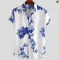 Men's casual short sleeve Hawaiian shirt with blue floral print, comfortable summer button down top. - 3XL / Tops / Blue and White Porcelain
