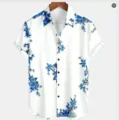 Men's casual short sleeve Hawaiian shirt with blue floral print white button down summer top - 3XL / Tops / White Blue Flower Bird