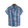 Heren blauw Hawaïijns korte mouw shirt met tropische roze flamingo en palmen blad print. - CSDW-0118 / S
