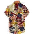 Men's retro USA flag eagle print short sleeve shirt, casual patriotic button-down top. - CSM-0421