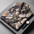 Men's Plus Size Short Sleeve Floral Print Stretch Casual Button Down Shirt for Summer - S / Coffee 9206