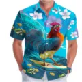 Men's Hawaiian tropical short sleeve shirt with 3D rooster surf print summer beach casual top. - 3XL / Tops / Blue Wave Rooster