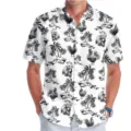 Men's summer Hawaiian short sleeve shirt with rooster and palm tree print casual top - 3XL / Tops / Black and White Rooster Palm