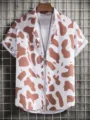 Men's short sleeve casual shirt with brown cow print pattern, layered with white tee. - S / Tops / HJ-DL012