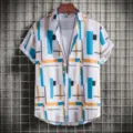 Mens short sleeve casual geometric print shirt with inner t-shirt and cool pendant necklace. - S / Tops / HJ-DL013