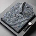 Men's blue short sleeve paisley print fashion casual button down dress shirt top - S / Khaki 9203