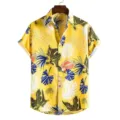 Detailed view of the tropical leaf print short sleeve shirt featuring vibrant yellow background. - S / Yellow