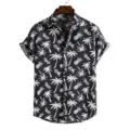 Herren Schwarzes Hawaii Kurzarm Hemd Tropisch Palmen Ananas Freizeit Strand Knopfleiste - 3XL / Oberteile / Schwarz