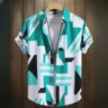 Chemise extensible à manches courtes imprimée géométrique 3D pour homme top d'été - S / Hauts / Géométrique Patchwork Cyan (HJ-jk004)