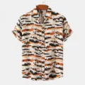 Men's short sleeve casual shirt with vintage abstract tiger print and lapel collar design. - S / Tops / Orange Black Tiger Print