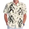 Men's Hawaiian short sleeve shirt with vintage Bigfoot print casual summer vacation top - 3XL / Tops / Retro Bigfoot Wheat