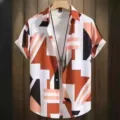 Chemise décontractée à manches courtes pour hommes avec imprimé géométrique et collier. - Abstrait Géométrique Contraste (HJ-jk007)