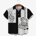 Chemise casual pour homme noir et blanc avec impression 3D de notes de musique guitare. - 3XL / Style Color Block Guitare Note (CSDX-98)