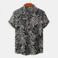 Men's Black and White Leaf Print Short Sleeve Shirt Casual Button Down Tropical Shirt - S / Tops / Black and White Plant Print