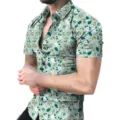 Chemise decontractee a manches courtes pour homme avec impression 3D florale d'ete. - 3XL / Haut à imprimé floral vert et blanc (CSDX-62) / Vert Pâle