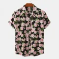 Men's short sleeve casual shirt with black and pink floral print, vintage button down top. - S / Tops / Black Rose Print
