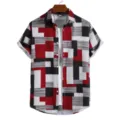 Men's short sleeve casual shirt with geometric color block pattern and turn down collar. - S / Tops / HJ-DL015