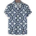Chemise à manches courtes pour homme motif géométrique bleu et blanc, haut d'été décontracté. - 3XL / Hauts / Imprimé Carreaux Bleu et Blanc (CSDX-105)