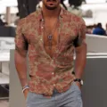 Men's summer short sleeve retro floral button down casual shirt for holiday beach wear - 3XL / Reddish Brown Floral