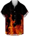 Herren 3D Flammen Print Kurzarm Hemd Detail, schwarzes Revers Knopf Sommer Strand Oberteil. - S / Mehrfarbig
