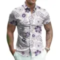 Men's summer short sleeve button down shirt with purple floral 3d print casual top apparel. - S / Style 8 (Purple and White Floral Print)