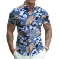Men short sleeve summer casual shirt blue floral patchwork button down shirt detail view - S / Style 9 (Blue and White Floral Print)