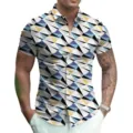 Men's short sleeve geometric print button down shirt summer casual stylish 3D fashion top - S / Style 10 (Geometric Polygon Print)