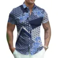 Men's short sleeve 3D digital print casual button down shirt with stylish geometric pattern. - S / Style 13 (Blue and White Lace Print)