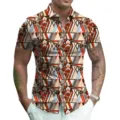 Detailed view of abstract geometric print fabric texture on men's short sleeve summer shirt. - S / Style 14 (Tribal Geometric Print)