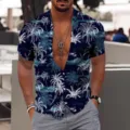 Chemise Hawaïenne Manches Courtes Homme Imprimé Palmiers Tropical Été Décontractée Haut de Plage - 3XL / Palmier Bleu Foncé