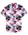 Men's short sleeve resort shirt detail showing tropical palm tree print and button closure design. - S / Tops / Pink Black and Blue Palm