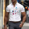 Chemise blanche a manches courtes pour homme avec imprime 3D colore et geometrique pour l'ete. - 3XL / Haut-Style Rayure Pixel Colorée (CSDX-104)