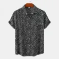Men's short sleeve shirt black white abstract print casual retro button down summer top - CD20240218511 / S