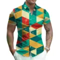 Men short sleeve digital print shirt vintage geometric pattern casual summer button down top - S / Style 20 (Geometric Triangle Print)