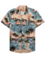 Close-up detail of tropical palm tree and sailboat print men's Hawaiian summer shirt. - S / Tops / Island Scenery