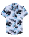 Detailed view of a men's short sleeve Hawaiian shirt with blue palm tree print fabric. - S / Tops / Blue and Black Palm
