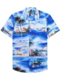 Close-up detail of short sleeve tropical Hawaiian shirt with scenic sailboat and palm print - S / Tops / Tropical Scenery