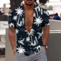 Men's Hawaiian tropical palm tree print short sleeve button down shirt casual summer top - 3XL / Dark Blue Surf