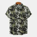 Men's short sleeve camouflage printed button-down casual shirt with classic lapel design. - S / Army Green Black Abstract Camo Print