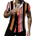 Camicia uomo manica corta vintage a righe casual bavero bottoni stampa digitale 3D top - Taglia S / Righe Verticali Rosso Nero Arancione Bianco (CSDX-50)