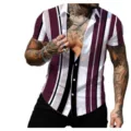 Homme manches courtes vintage rayé chemise décontractée revers impression numérique mode - Rayures Verticales Bourgogne Blanc Noir Beige (CSDX-53)