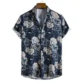 Men's short sleeve floral shirt casual vintage blue rose hawaiian button down summer top - 3XL / Tops / Navy Blue Rose (HJ-h64691)