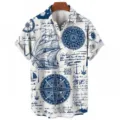 Men's casual short sleeve shirt featuring vintage nautical script and compass print design. - S / Tops / White