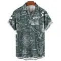 Men's casual short-sleeve summer shirt with nautical sketch print, breathable fabric style. - S / Tops / Dark Green