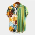 Men's short sleeve casual shirt tropical floral and yellow blue vertical stripe split design - S / Tropical Plant Patchwork Contrast Print Style