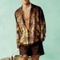 Men's fashion trendy digital print leaf pattern long sleeve shirt and shorts set summer style - S / Leaf Texture Print Style